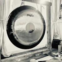 a gong hanging on a wall in front of a window